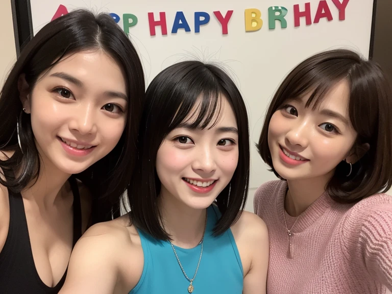 A face like Suzu Hirose、looking at the viewer、smiling、16 year old girl、chest bulge、bob hairstyle、taking a selfie、night、provoking the audience、Highest image quality、8k、birthday party、