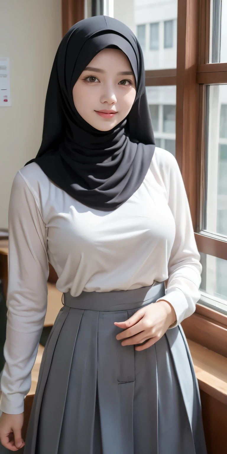 masutepiece, Best Quality, Illustration, Very detailed, fine detail, high resolution, 8K Wallpaper, Perfect dynamic composition, Schoolgirls in hijabs, multiple people wear hijab white, all people wear hijab white, three schoolgirls in hijabs taking a photo, 19 years old, (hands in long skirt pockets), Beautiful eye details, Natural lips, smile lips, (light laughing lips), wearing a white hijab, high school clothes, long gray skirt, long skirt, long sleeves, (taking a half-body photo), view of the school room, (three school children wearing hijabs taking a photo), all people wear hijab white, school people hijabs white, many school children wearing hijabs, school girls taking photos, showing big breasts, white hijab school children, high school clothes, (high school), (long skirts), long sleeves, school room view,