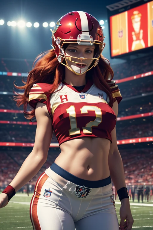 Photorealistic image ((masterpiece)), ((high quality)) UHD 8K, of a fNFL woman, (medium chest), (thin waist), wearing (sexy football uniform, NFL. red and gold), (NFL helmet), bright blue eyes, long red hair, playing on a football field