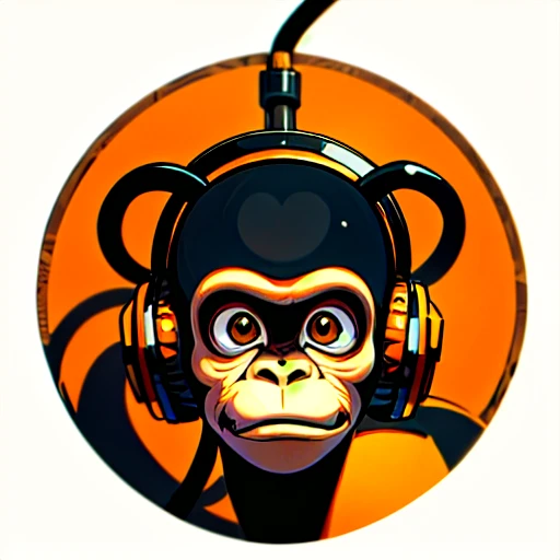 a close up of a sceptical monkey face, headphones are floating upside down, inspired by Alex Petruk APe, monkey, bored ape, face like monkey, monkeys, in style of monkeybone, in style of primal apes, ape, orange head, LP vinyl sticker design