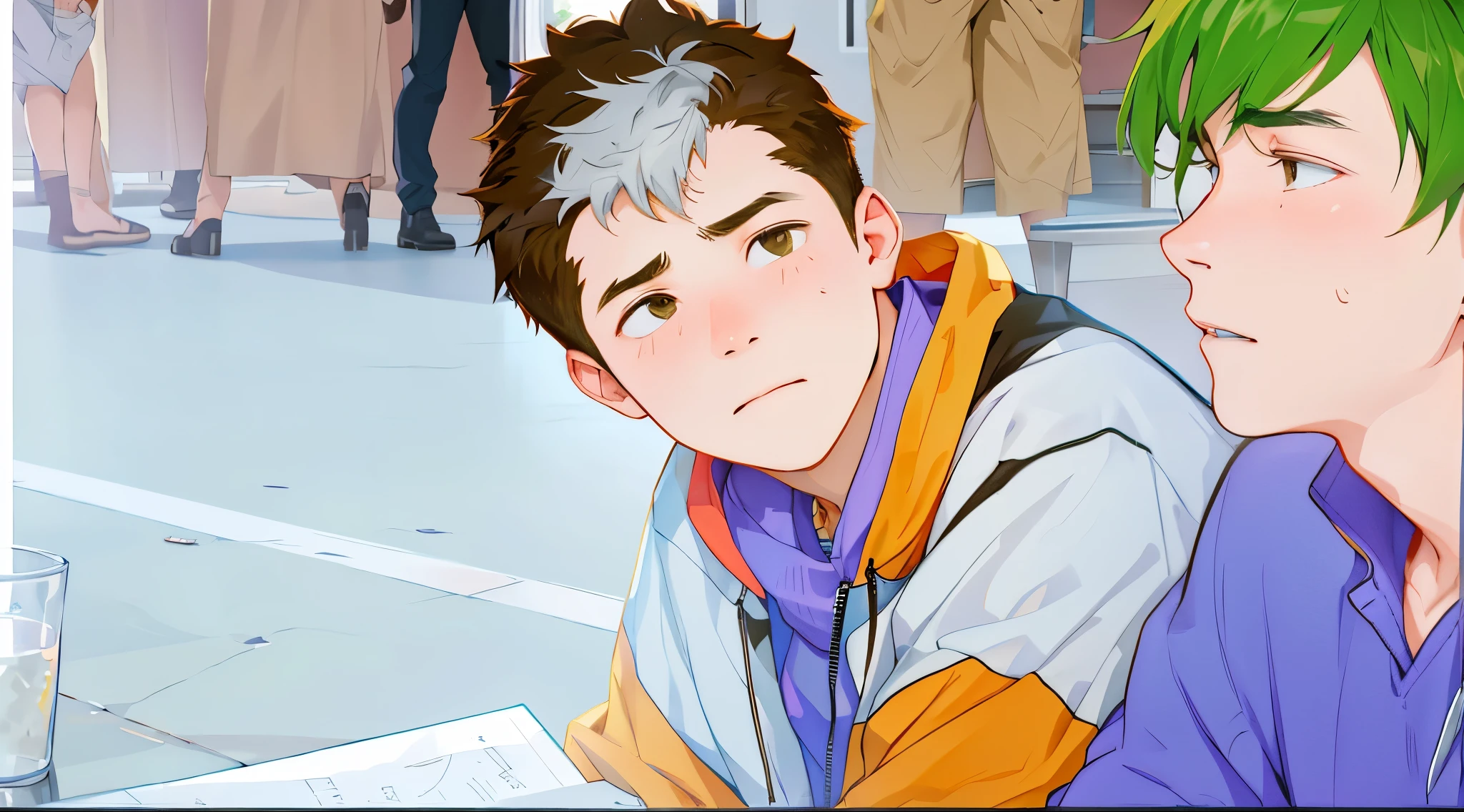 There are two 14-year-old boys, one sitting next to the other, looking at him, talking to him to calm him down.