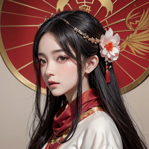 In the heart of ancient China, a beautiful girl gracefully wears a hanfu, a traditional Chinese outfit, adorned with intricate phoenix patterns. Her red scarf adds a pop of vibrant color to her outfit, contrasting against the deep-toned background of a traditional Chinese architectural scene. A hair ornament nestled atop her long, flowing black hair complements the elegance of the neckline of her hanfu. A delicate necklace and sparkling jewelry adorn her neck and ears, reflecting the light around her.
Her face, a flawless work of art, boasts the most beautiful features: rosy pink and white skin, deep-set, expressive eyes with long