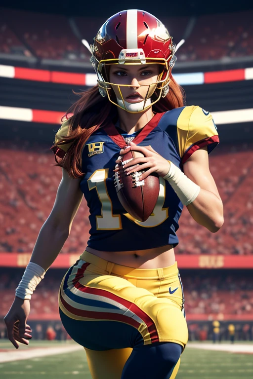 Photorealistic image ((masterpiece)), ((high quality)) UHD 8K, of a fNFL woman, (medium chest), (thin waist), wearing (sexy football uniform, NFL. red and gold), (NFL helmet), bright blue eyes, long red hair, playing on a football field