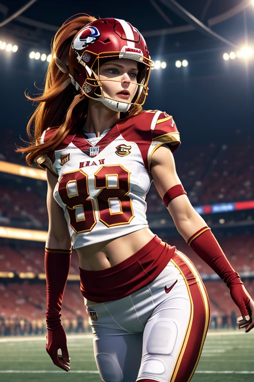Photorealistic image ((masterpiece)), ((high quality)) UHD 8K, of a fNFL woman, (medium chest), (thin waist), wearing (sexy football uniform, NFL. red and gold), (NFL helmet), bright blue eyes, long red hair, playing on a football field