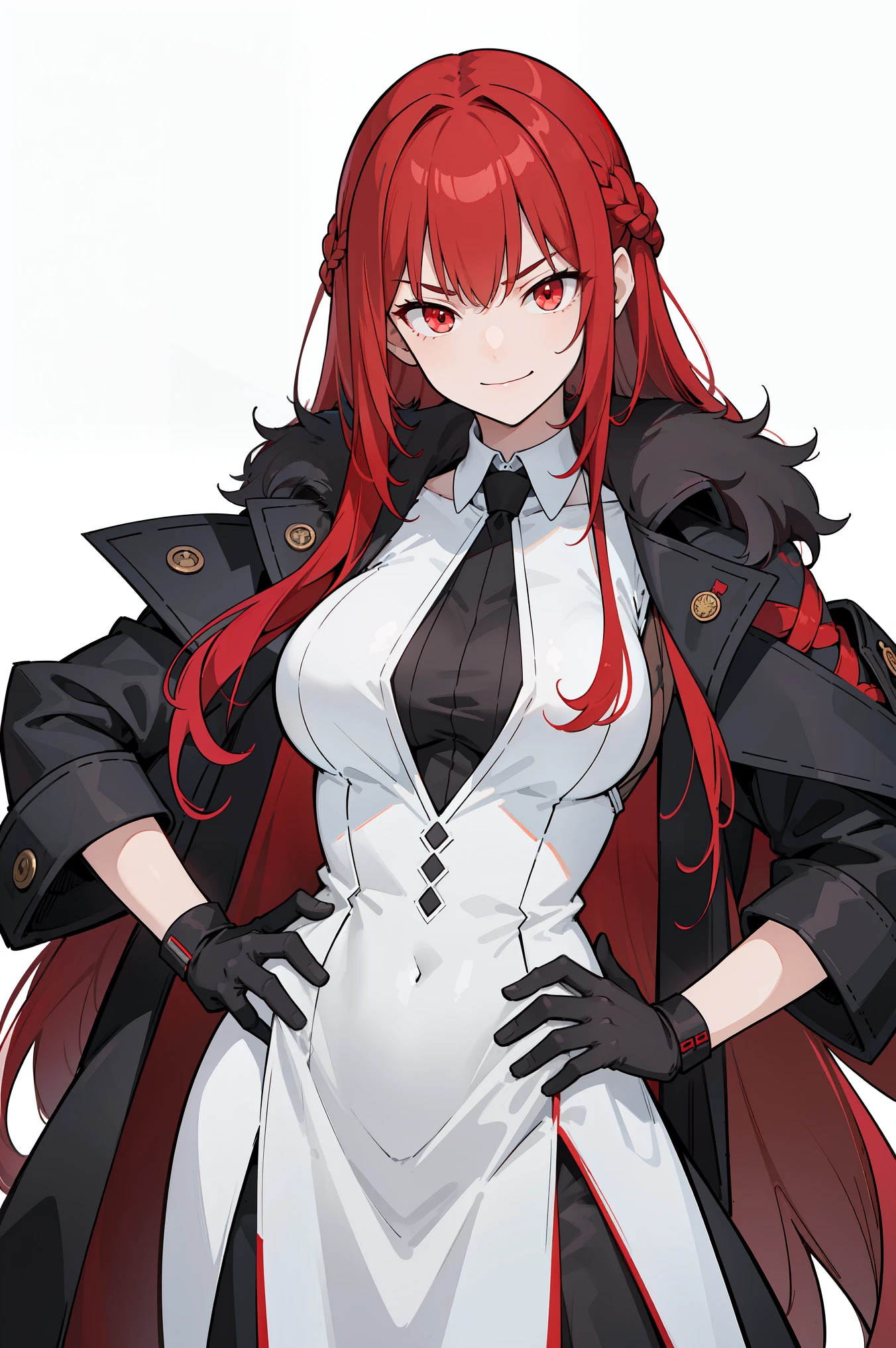 masterpiece, best quality, ultra high quality, high quality illustration, 1girl, solo, crimson red hair, very long hair, french braid, single sidelock, red eyes, glowing eyes, medium breasts, mature girl, smirk, evil smile, shaded face, evil face, mischievous, coat on shoulders, fur overcoat, black coat, white shirt, (gloves), looking at viewer, ((single hand on hip)), (glowing light), white background, simple background 