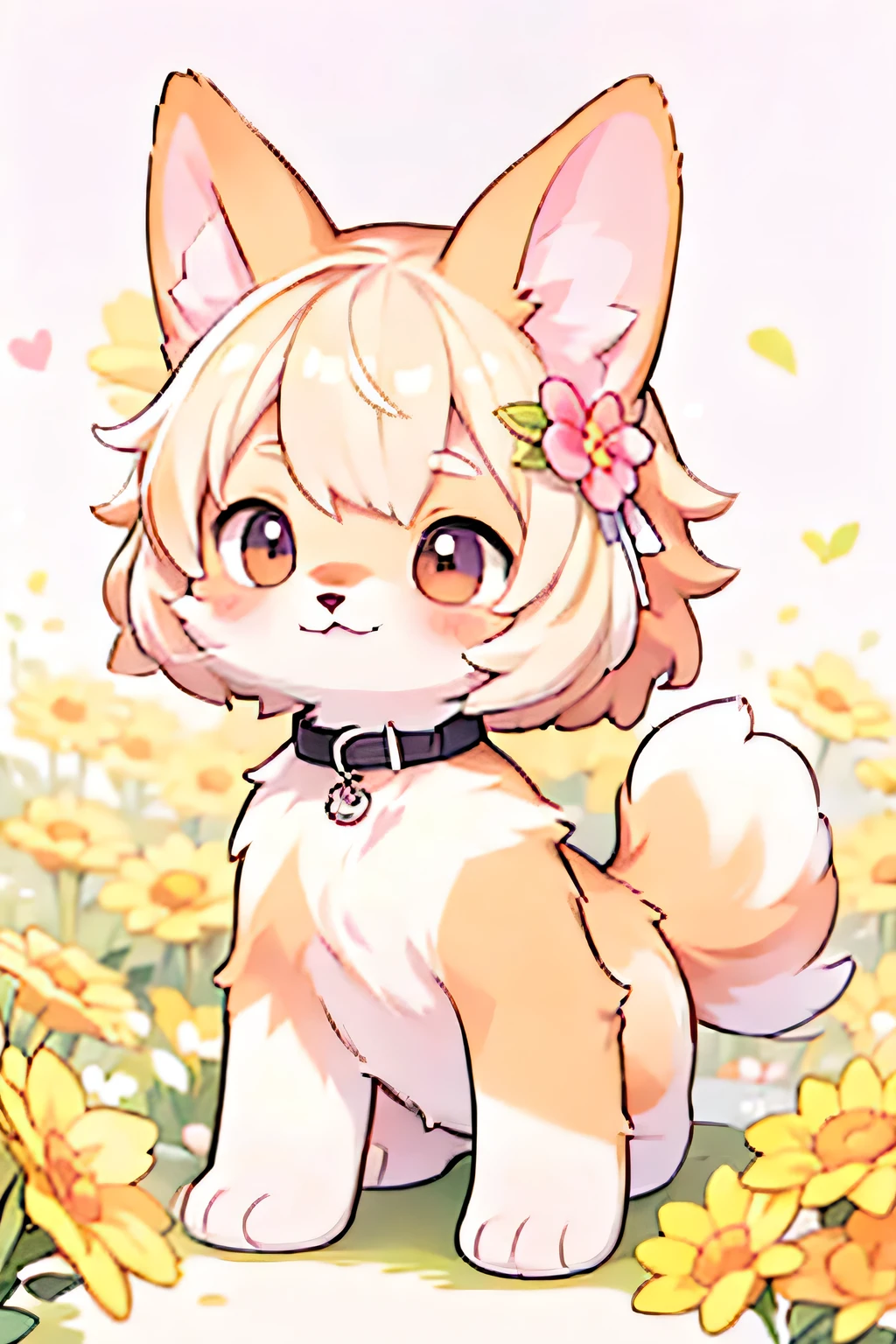 anime - style drawing of a dog standing in a field of flowers, cute corgi, in the style of LINE stickers, gray background