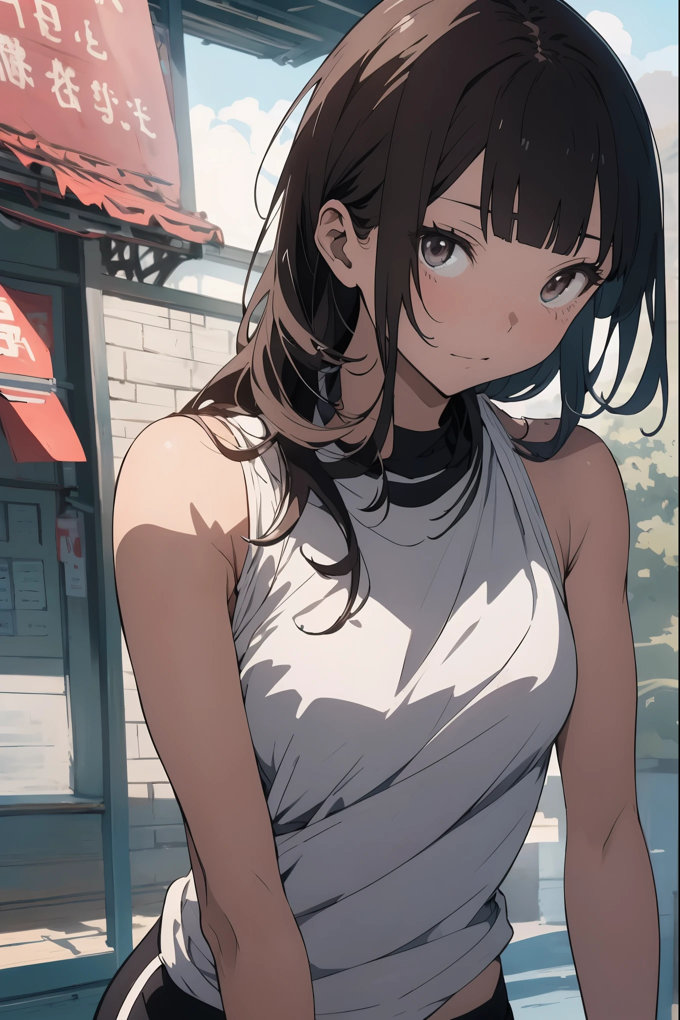 (masterpiece,Best Quality,Detailed beautiful face and eyes:1.2,Perfect Anatomy:1.2,beautiful illustrations,best anime:1.2),cowboy shot, (1woman,solo)、18歳の美女、brown hair、long hair ,blunt bangs,brown eyes,perfect proportion,slender body,skinny,medium breasts,naked,gleaming skin,oliy skin,shiny skin,fitness wear,ストレッチしている、白色のタンクトップ、ライトグレー色のスウェットショーツ、広い運動場、学園、