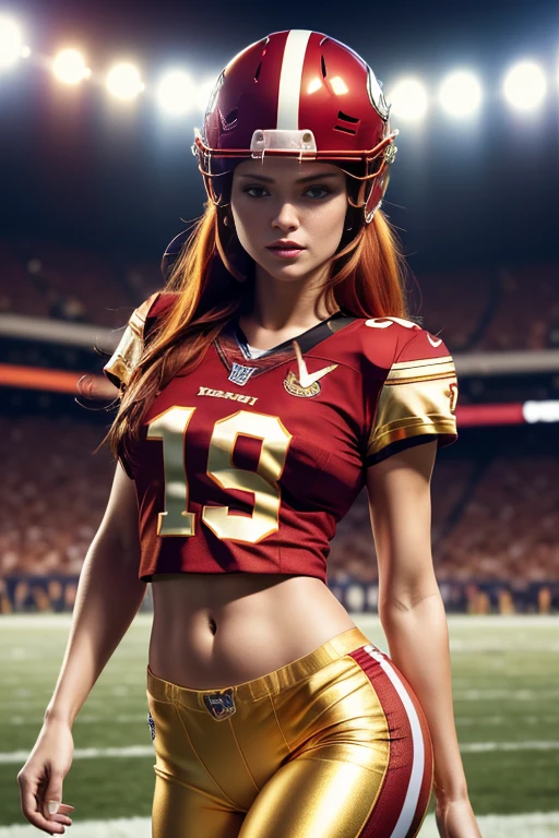 Photorealistic image ((masterpiece)), ((high quality)) UHD 8K, of a fNFL woman, (medium chest), (thin waist), wearing (sexy football uniform, NFL. red and gold), (NFL helmet), bright blue eyes, long red hair, playing on a football field