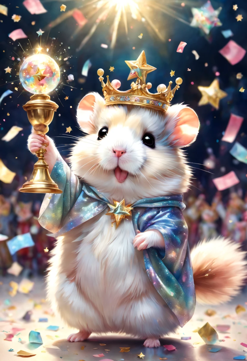 ((danceハムスター)),((confetti)),dance,raise a hand,jump,open your mouth,indoor,masterpiece,highest quality,fluffy hamster,Little,cute,fun,happiness,,Fashionable scenery,Sparklingエフェクト,celebration,anatomically correct,All the best,最高にcuteハムスター,cuteハムスター，,fantasy,randolph caldecott style,enlightenment,watercolor painting,Gentle shades,((confetti)),Sparkling,star,Light,sequins,crown,The king's cloak,Holding up the trophy