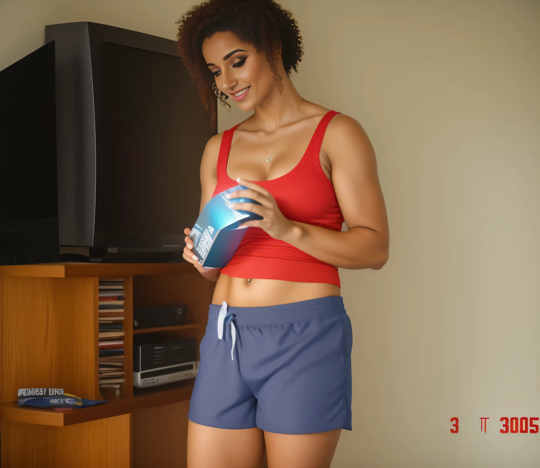 there is a woman standing in front of a television holding a box, de short azul e camiseta vermelha, navel sample, sports bra and shorts, sports bra and dark blue shorts, physicist: a menor barriga de todos os tempos, o extremamente quente e sexy, vestindo regata e shorts, cintura menor de todos os tempos, shorts curtos, mulher de 30 anos. Mulher na casa dos 30 anos. Mulher brasileira, extremamente gostosa e sexy, garota da academia. Ela tem 162 cm de altura e seu corpo pesa 56 kg. Your body exudes glamor and your face is the definition of beauty. pernas bem torneadas. Altamente realista, beautiful lips, sorriso, feeling of lightness and joy, hiperrealismo, pele muito elaborada, olhar direto, obra de arte, alta qualidade, great clarity, high resolution, 8k.