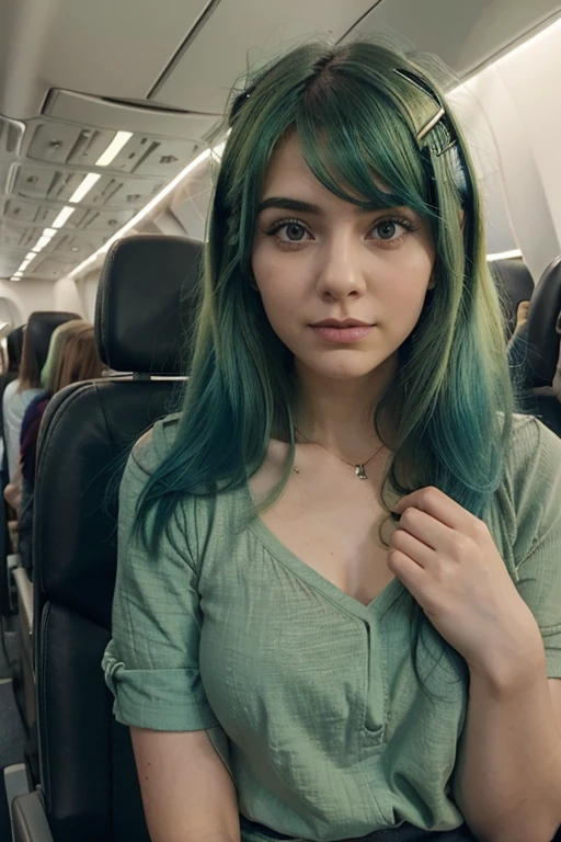 SAME GIRL, SAME FACE, GREEN HAIR, AIRPLANE