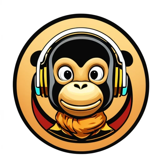a close up of a sceptical monkey face, headphones are floating upside down, inspired by Alex Petruk APe, monkey, bored ape, face like monkey, monkeys, in style of monkeybone, in style of primal apes, ape, orange head, LP vinyl sticker design