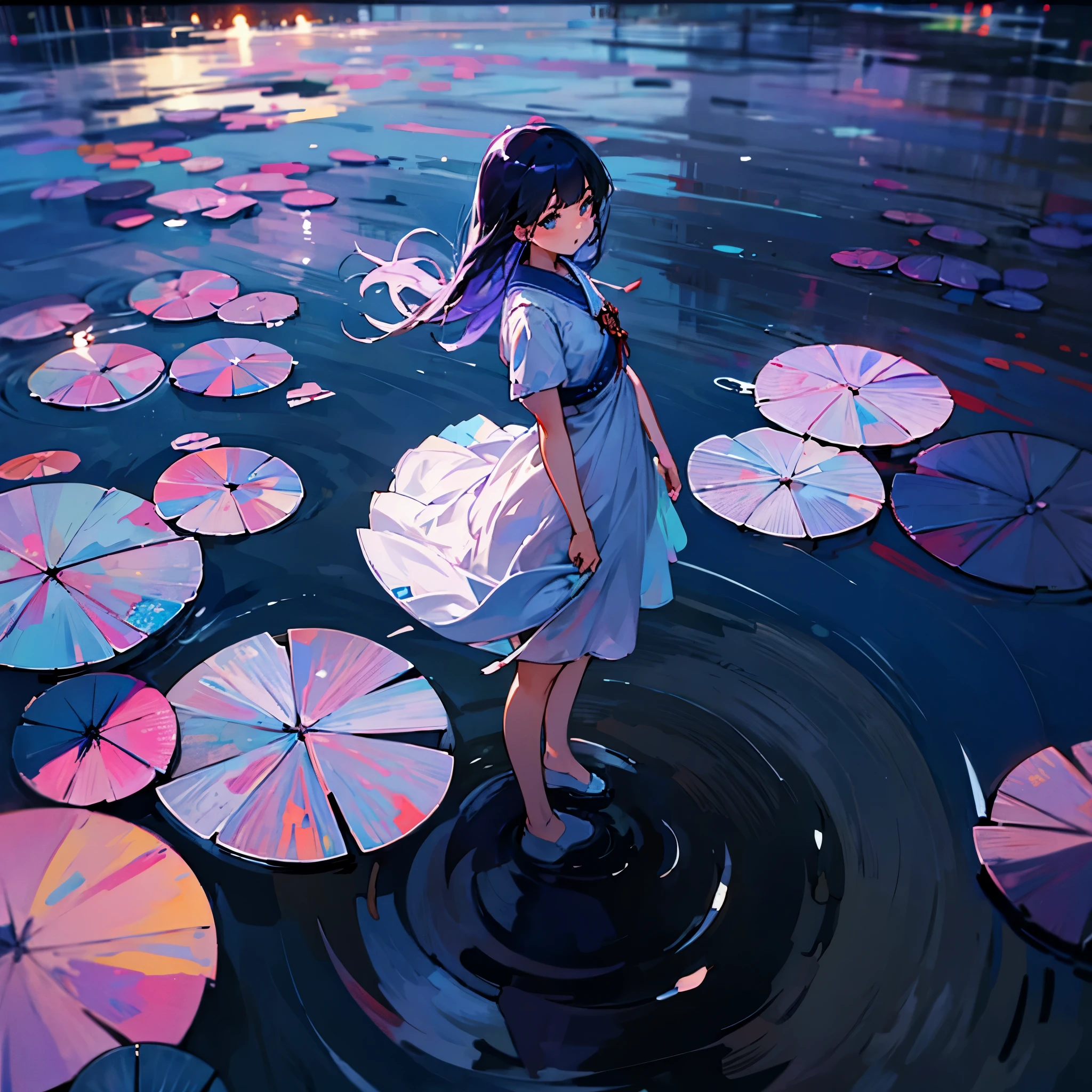 beautiful girl stands on the water surface、Ripples at my feet