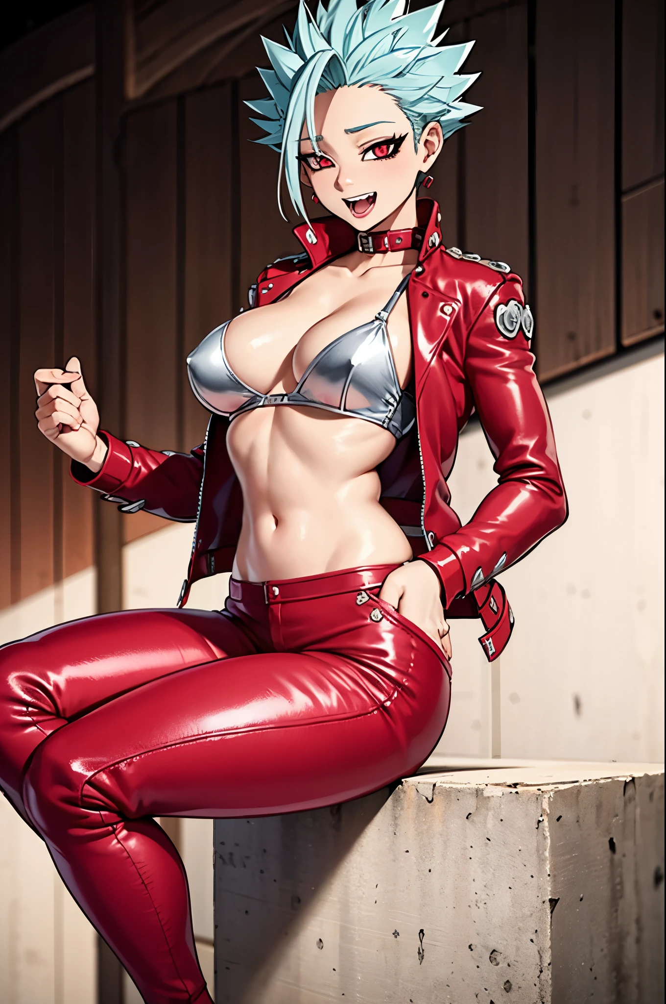 ban_nanatsu_no_taizai in female version with medium breasts wore a red leather jacket and red leather pants Extreme quality 4k