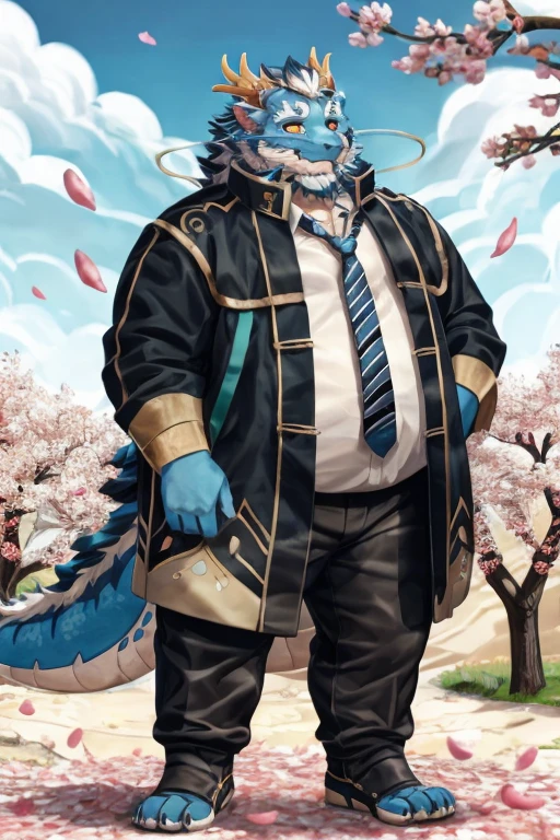 (obese, overweight, anthro, male),(detailed eyes, detailed face), qinglongtas, orange eyes, blue fur, (pose:1.3), (posing:1.3), (soft shading), (full body), by zackarry911, by zaush, (by personalami:0.5), long hair, looking at viewer, shirt, 1boy, male focus, thighs, cowboy shot, necktie, pants, coat, petals, thick thighs, formal, cherry blossoms, wind, bulge, falling petals, whiskers