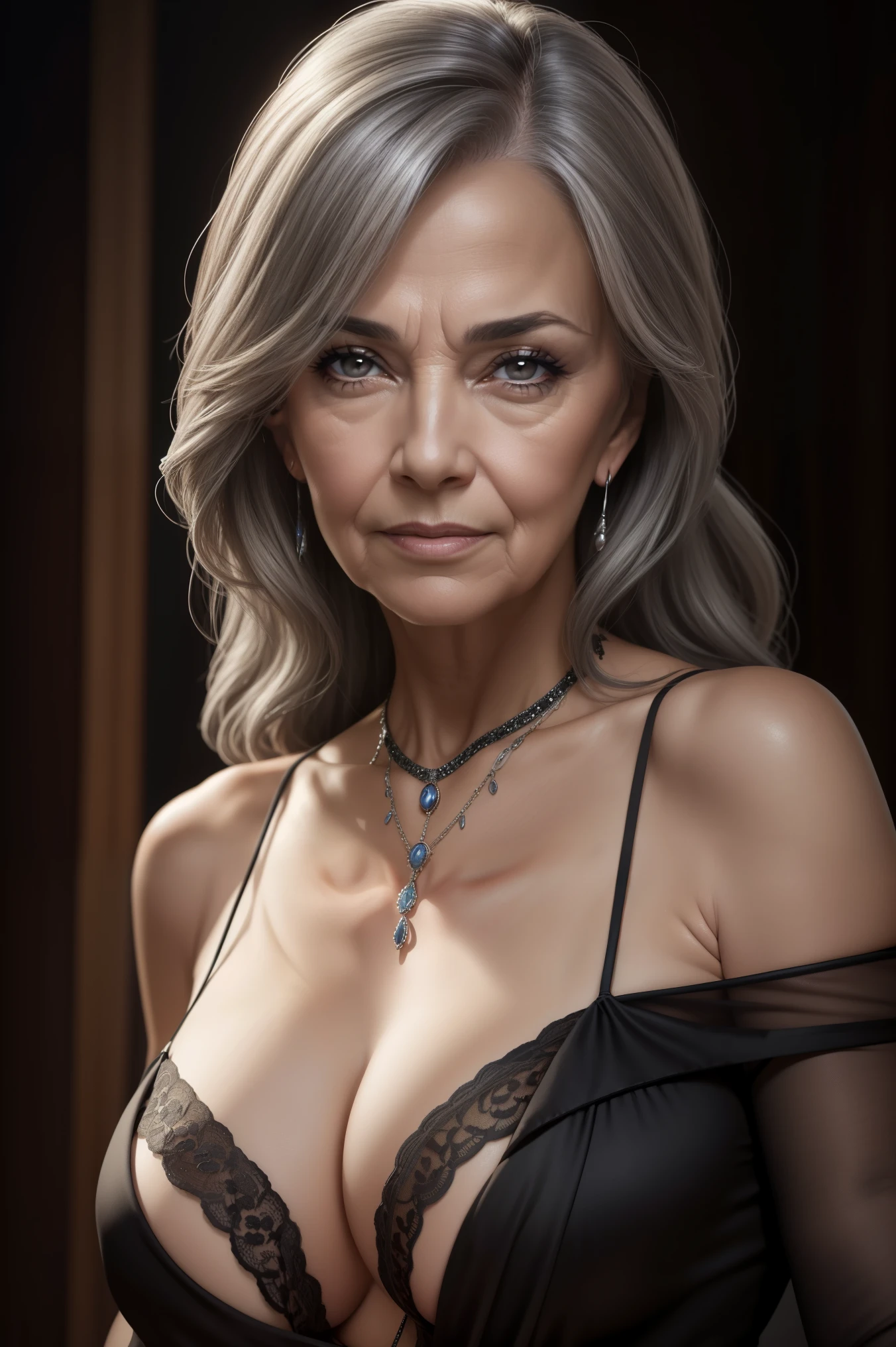 NFSW portrait of a 65-year-old woman, seductive gaze, brown eyes, gray hair, few wrinkles, wearing a sexy black evening dress that reveals a small sagging breast, best quality, 8k, ultra-detailed, realistic, portraits, vibrant colors, soft lighting