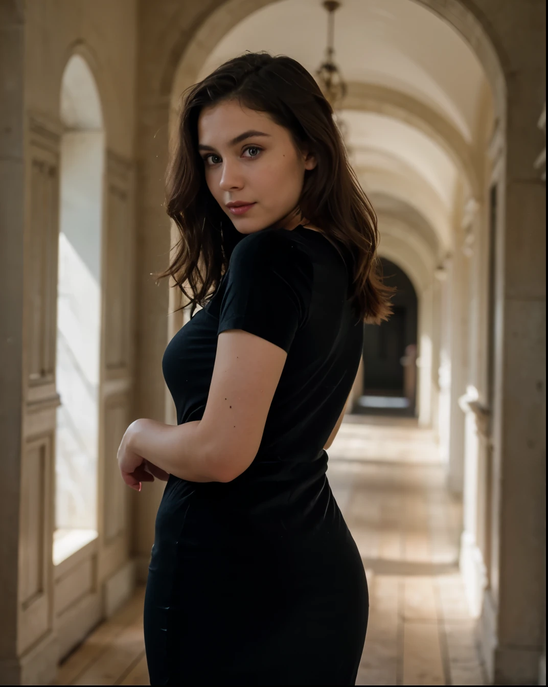 Cute beautiful sexy European light-green-eyed brunette, 22 years old,
seductive look in eyes, girl is wearing skinny black velvet dress, tight fitting black velvet dress, high heels, romantic scene, castle, black velvet dress, full body view, walking,
innocent face, face-length 1.3 times the face-width, almond-shaped eyes, squared face-shape, high cheekbones, naturally wavy hair, light-green eyes, high-res, masterpiece, best quality, intricate details, very detailed, sharp focus, detailed skin, realistic skin texture, texture, detailed eyes, professional, 4k, charming smile, shot with Canon, depth of field, Kodak Vision color, perfectly fitting body, extremely detailed, photo_\( ultra\), photorealistic, realistic, post processing, maximum details, roughness, real life, ultrarealistic, photorealism, photography, 8k UHD, photography