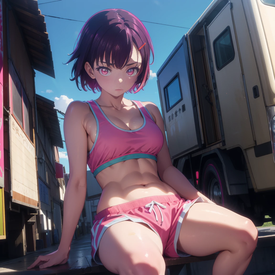 SeaArt 2.1 shizukamikazuki, shizuka mikazuki, short hair, purple hair, hair ornament, hair clip, (pink eyes: 1.5), wide bangs,
BREAK navel, Pulled up sports bra, sportswear, Pulled down shorts, pink shorts, very sweaty body,
BREAK (PORNO),(nsfw),(Sex with a Fat Man),
BREAK R 1 8 looking at the fat man,
BREAK outdoors,
BREAK (masterpiece: 1.2), best quality, high resolution, Unity 8K wallpaper, (artwork: 0.8), (beautiful detailed eyes: 1.6), highly detailed face, perfect lighting, highly detailed CG, (perfect hands, perfect anatomy),