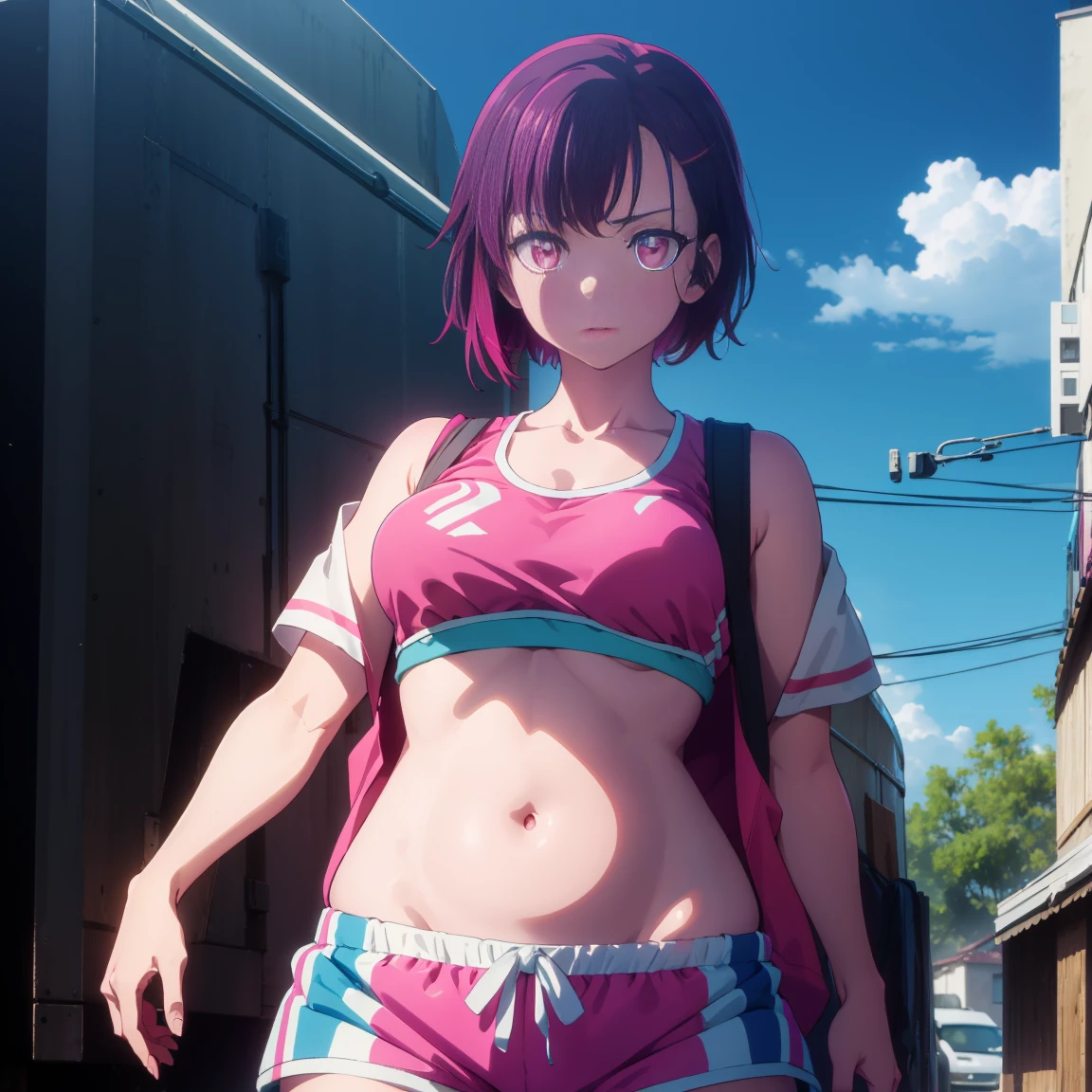 SeaArt 2.1 shizukamikazuki, shizuka mikazuki, short hair, purple hair, hair ornament, hair clip, (pink eyes: 1.5), wide bangs,
BREAK navel, Pulled up sports bra, sportswear, Pulled down shorts, pink shorts, very sweaty body,
BREAK (PORNO),(nsfw),(Sex with a Fat Man),
BREAK R 1 8 looking at the fat man,
BREAK outdoors,
BREAK (masterpiece: 1.2), best quality, high resolution, Unity 8K wallpaper, (artwork: 0.8), (beautiful detailed eyes: 1.6), highly detailed face, perfect lighting, highly detailed CG, (perfect hands, perfect anatomy),