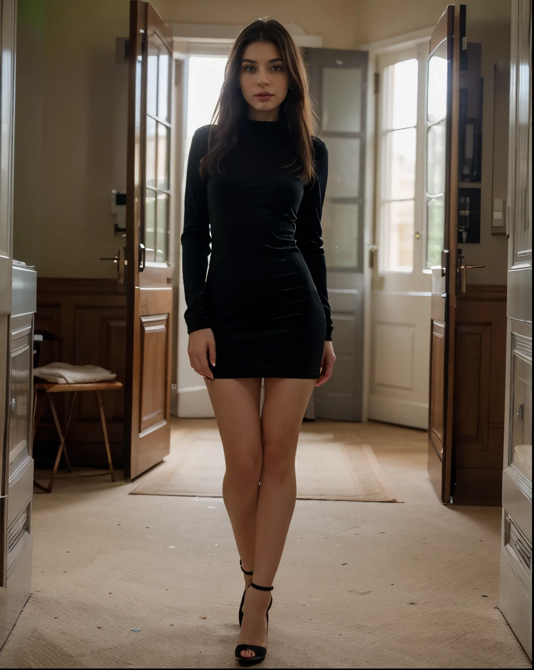 Cute beautiful sexy European light-green-eyed brunette, 22 years old, 


seductive look in eyes, girl is wearing skinny black velvet dress, tight fitting black velvet dress, high heels, romantic scene, castle, black velvet dress, full body view, walking, 

innocent face, face-length 1.3 times the face-width, almond-shaped eyes, squared face-shape, high cheekbones, naturally wavy hair, light-green eyes, high-res, masterpiece, best quality, intricate details, very detailed, sharp focus, detailed skin, realistic skin texture, texture, detailed eyes, professional, 4k, charming smile, shot with Canon, depth of field, Kodak Vision color, perfectly fitting body, extremely detailed, photo_\( ultra\), photorealistic, realistic, post processing, maximum details, roughness, real life, ultrarealistic, photorealism, photography, 8k UHD, photography
