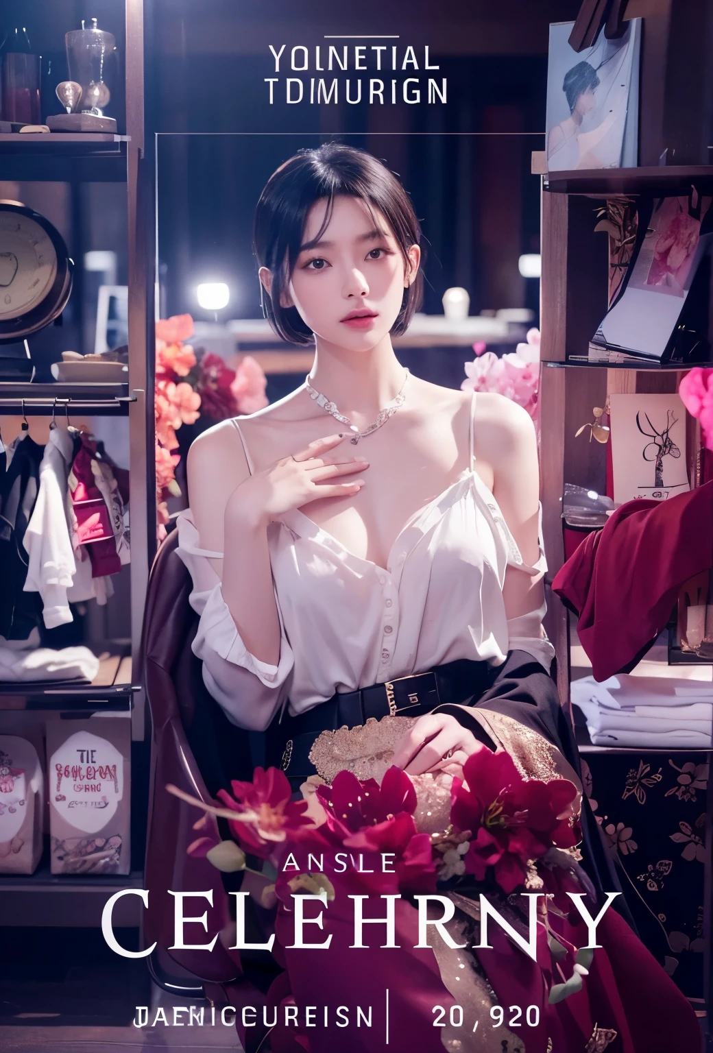 (Best quality, 8k, 32k, Masterpiece, UHD:1.2) "Generate a captivating artwork featuring a young Japanese girl model with short, sleek black hair styled in a chic bob haircut. Envision her bathed in dramatic cinematic lighting, creating an atmosphere of allure and mystery. Emphasize a romantic aesthetic vibe, showcasing the model in a poised and elegant pose that evokes a sense of intimacy and sophistication. Utilize warm and soft tones to enhance the romantic ambiance, and consider incorporating elements like flowing fabrics or flowers to add a touch of ethereal beauty. Capture the essence of romance and beauty through the model's expression, the play of light and shadows, and the overall aesthetic, creating a visually compelling and emotionally resonant piece."