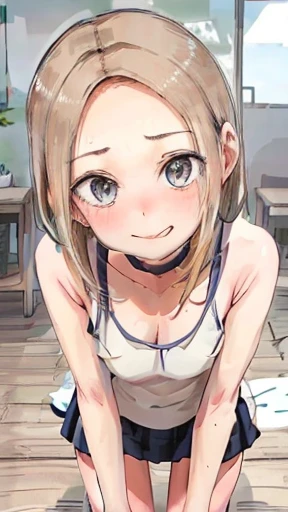 Very detailed image 8k European  high school girl Beautiful girl Blonde Short hair Small breasts Beautiful legs Blushing Outside Athletics Crawl on all fours Composition viewed from directly above Mouth wide open and tongue sticking out White skin Regretful expression Looking at camera Full body covered in sweat White tank Top