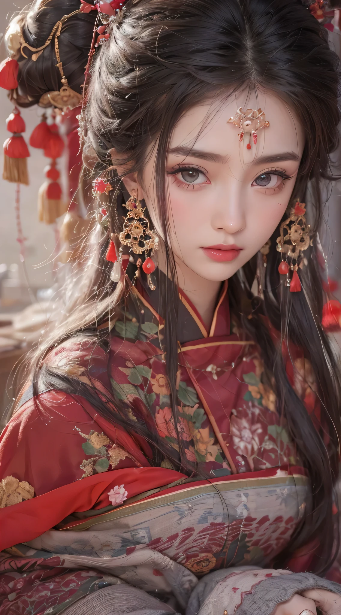 1 Very beautiful Queen Medusa wearing Hanfu, Red thin silk shirt，There are many yellow patterns, Black lace top, Long hair dyed black, beautiful hair accessories, Extremely detailed and delicate jewelry, gold jewelry, Ruby set necklace, The face is so beautiful, perfect face, Earring jewelry, Headwear and hair accessories, Antique jewelry, big eyes, sharp eye makeup, Exquisite makeup eyelashes, Thin eyebrows, high nose, Red lips look good, no smile, ((Keep your mouth shut:0.9)), purse lips, red face, breast enhancement, Round lift breasts, medium sized breasts, Well-proportioned breasts, slim waist, slim waist, Black lace and red mesh stockings, chinese hanfu style, fictional art pattern, Bright colors、lifelike, original photo, Realistic photos, ultra high quality 8k surreal photos, Cool photos, (Virtual light effects: 1.8), 10x pixels, magic effect (background): 1.8), 睁big eyes, super detailed eyes, Beautiful girl body portrait, The girl was alone, 汉服background, Looking directly at the viewer, 宽幅original photo, 8K quality, super sharp, It’s best to have detailed and clear pictures, 详细的浅色background,