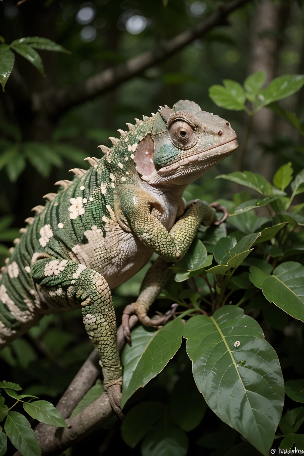 ((melhor qualidade)), ((obra de arte)), (detalhado), Describe a fascinating image of a chameleon in the forest. The Chameleon, com suas cores vibrantes e olhos curiosos, is camouflaged among the lush foliage and branches of dense vegetation. Light filtering through the treetops highlights their colorful scales, enquanto sua cauda habilmente se agarra a um galho. Em seu entorno, the diversity of plants and the green atmosphere of the forest make up the natural setting. Convey a sense of wonder at the chameleon&#39;s camouflage and adaptability, capturing the visual harmony between the reptile and its forest habitat.