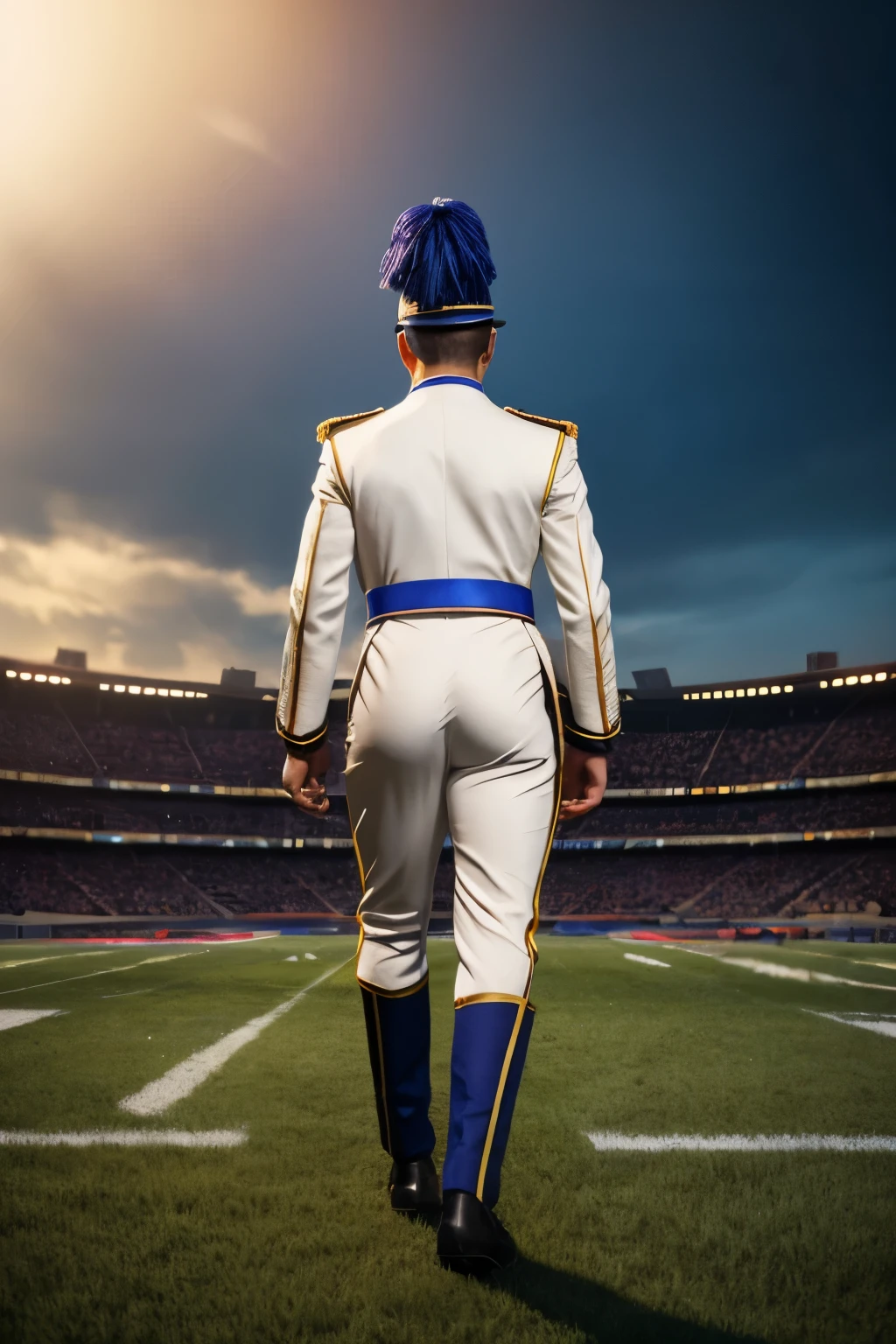 male drum major standing on field, marching band uniform, from behind, , high detail, 8k, mystical, magical, ultra hd, realistic, vivid colors, highly detailed, UHD drawing, pen and ink, perfect composition, beautifully detailed intricate insanely detailed octane rendering trending on artstation, 8k artistic photography, photorealistic concept art, soft natural volumetric cinematic perfect light, huge manly bubble butt, 