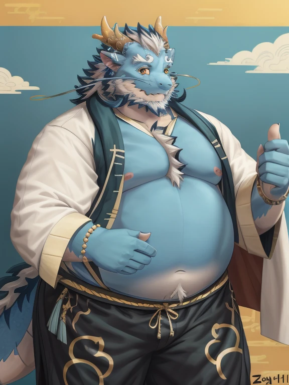 (obese, overweight, anthro, male),(detailed eyes, detailed face), qinglongtas, orange eyes, blue fur, (pose:1.3), (posing:1.3), (soft shading), (full body), by zackarry911, by zaush, (by personalami:0.5), looking at viewer, blush, 1boy, navel, jewelry, nipples, male focus, thighs, cowboy shot, japanese clothes, open clothes, kimono, bulge, blue skin, open kimono, bare pectorals, navel hair