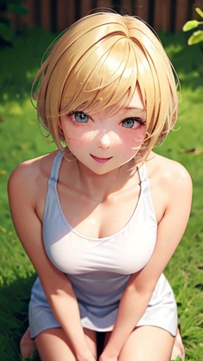 Very detailed image 8k European junior high school girl Beautiful girl Blonde Short hair Small breasts Beautiful legs Blushing Sweat outside Athletics Crawling on all fours Composition viewed from above Mouth wide open, tongue out White skin Regretful expression White dress Looking at camera