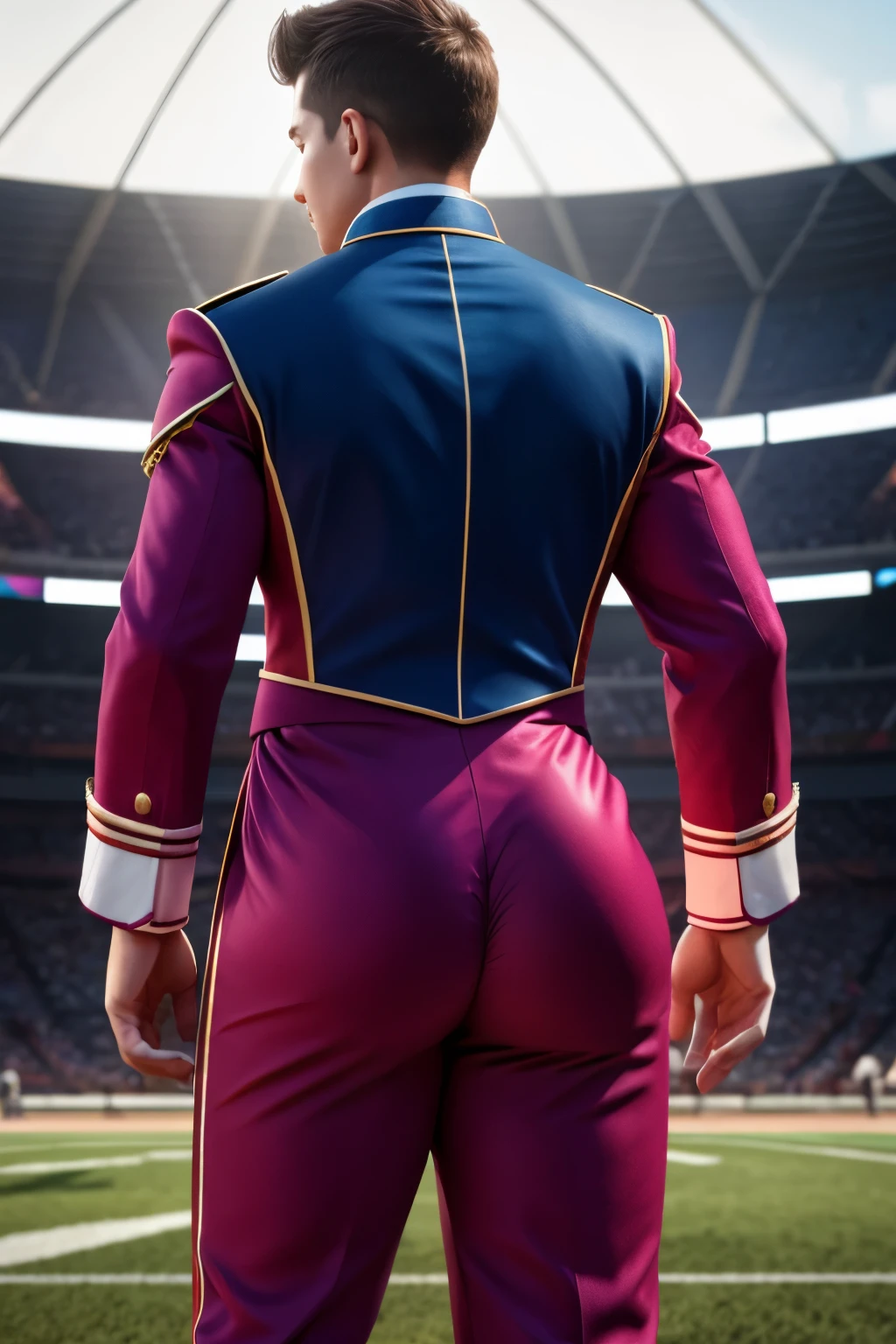 male drum major standing on field, marching band uniform, from behind, , high detail, 8k, mystical, magical, ultra hd, realistic, vivid colors, highly detailed, UHD drawing, pen and ink, perfect composition, beautifully detailed intricate insanely detailed octane rendering trending on artstation, 8k artistic photography, photorealistic concept art, soft natural volumetric cinematic perfect light, huge manly bubble butt, muscle butt, 