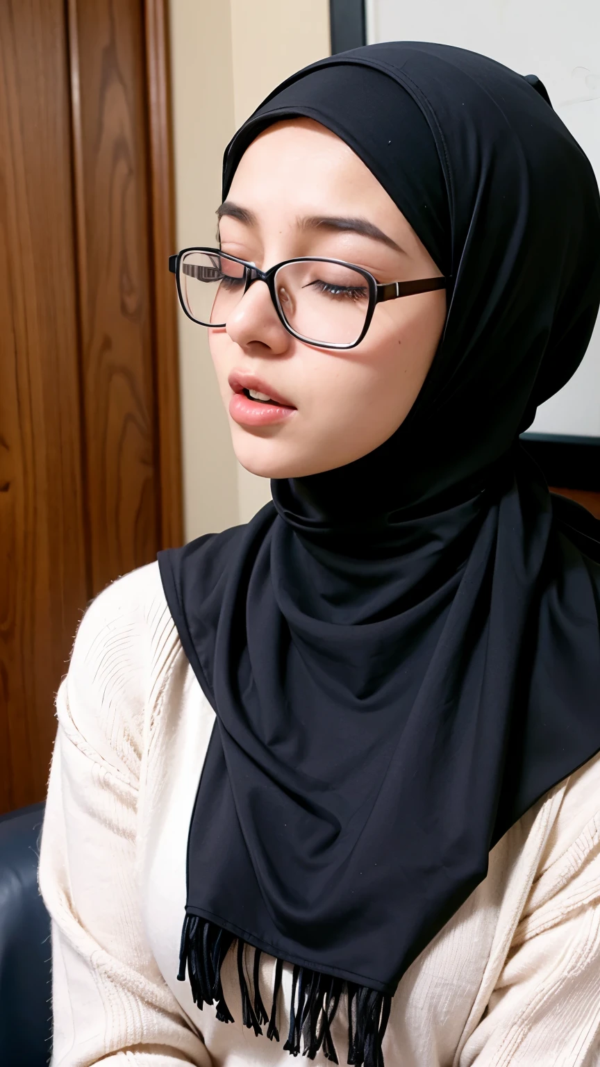 A high school girl wearing hijab, and glasses, having orgasmic, closed eyes, horny face
