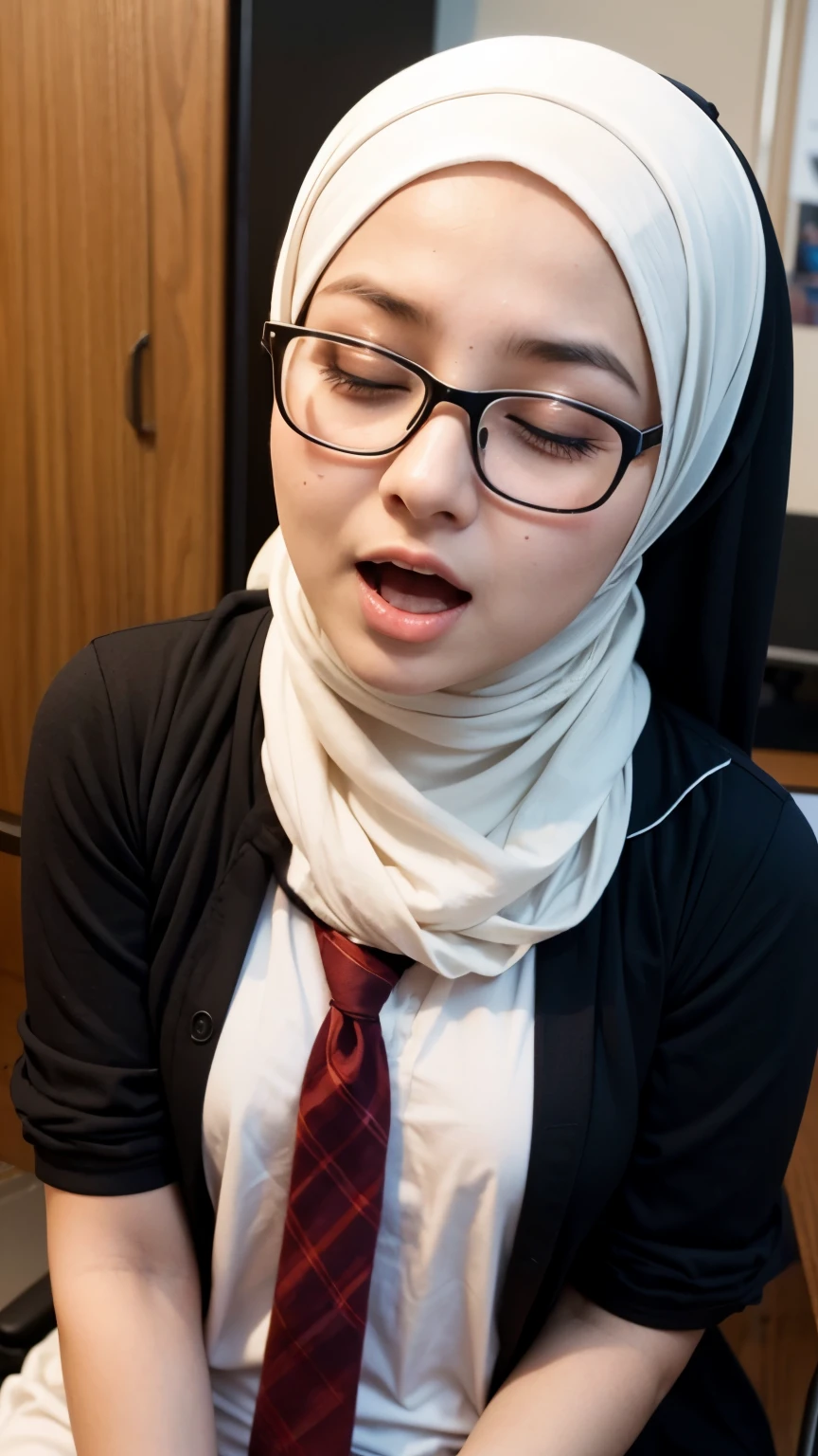 A high school girl wearing hijab, and glasses, having orgasmic, closed eyes, horny face