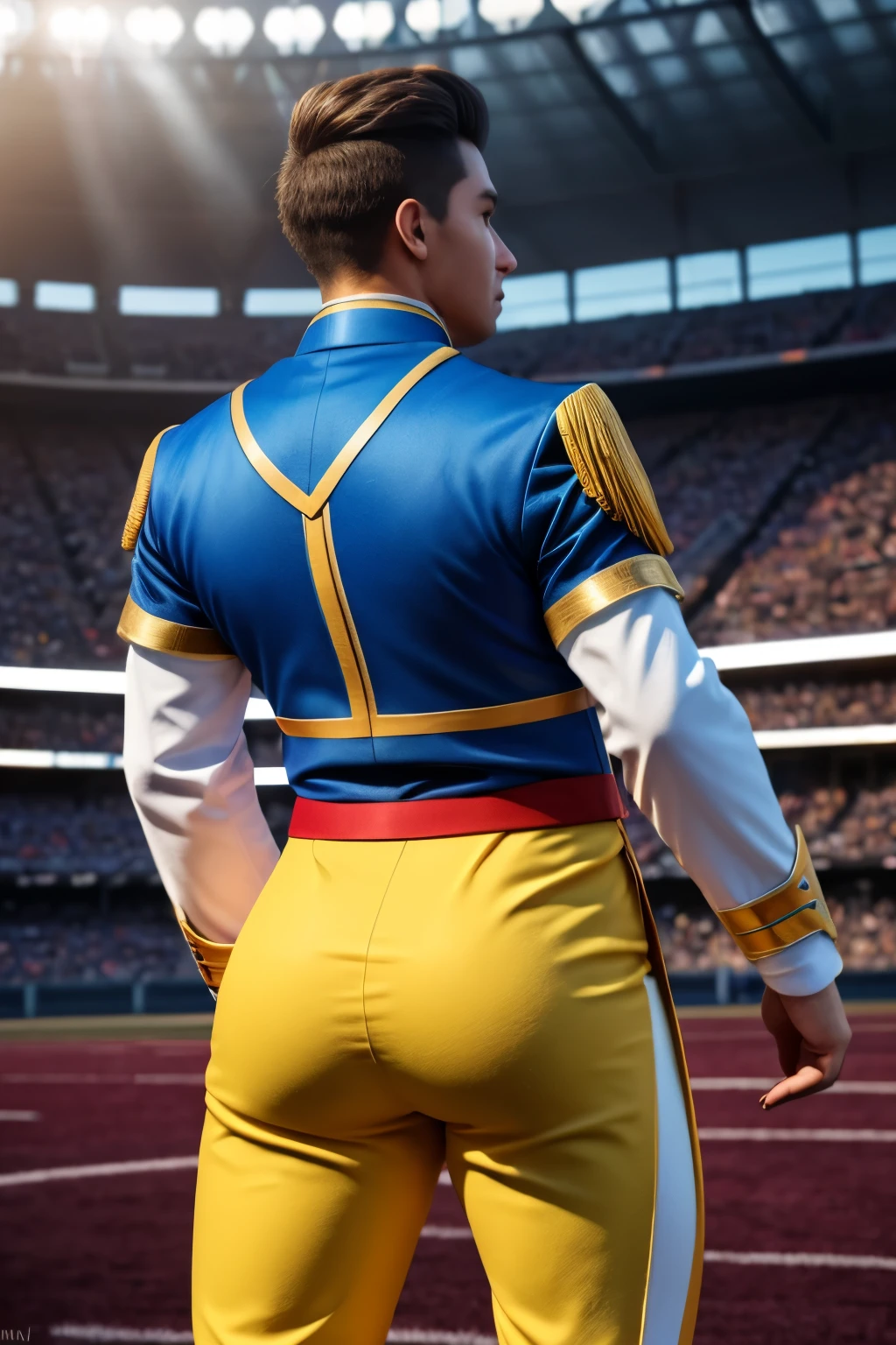 male drum major standing on field, marching band uniform, from behind, , high detail, 8k, mystical, magical, ultra hd, realistic, vivid colors, highly detailed, UHD drawing, pen and ink, perfect composition, beautifully detailed intricate insanely detailed octane rendering trending on artstation, 8k artistic photography, photorealistic concept art, soft natural volumetric cinematic perfect light, huge manly bubble butt, muscle butt,