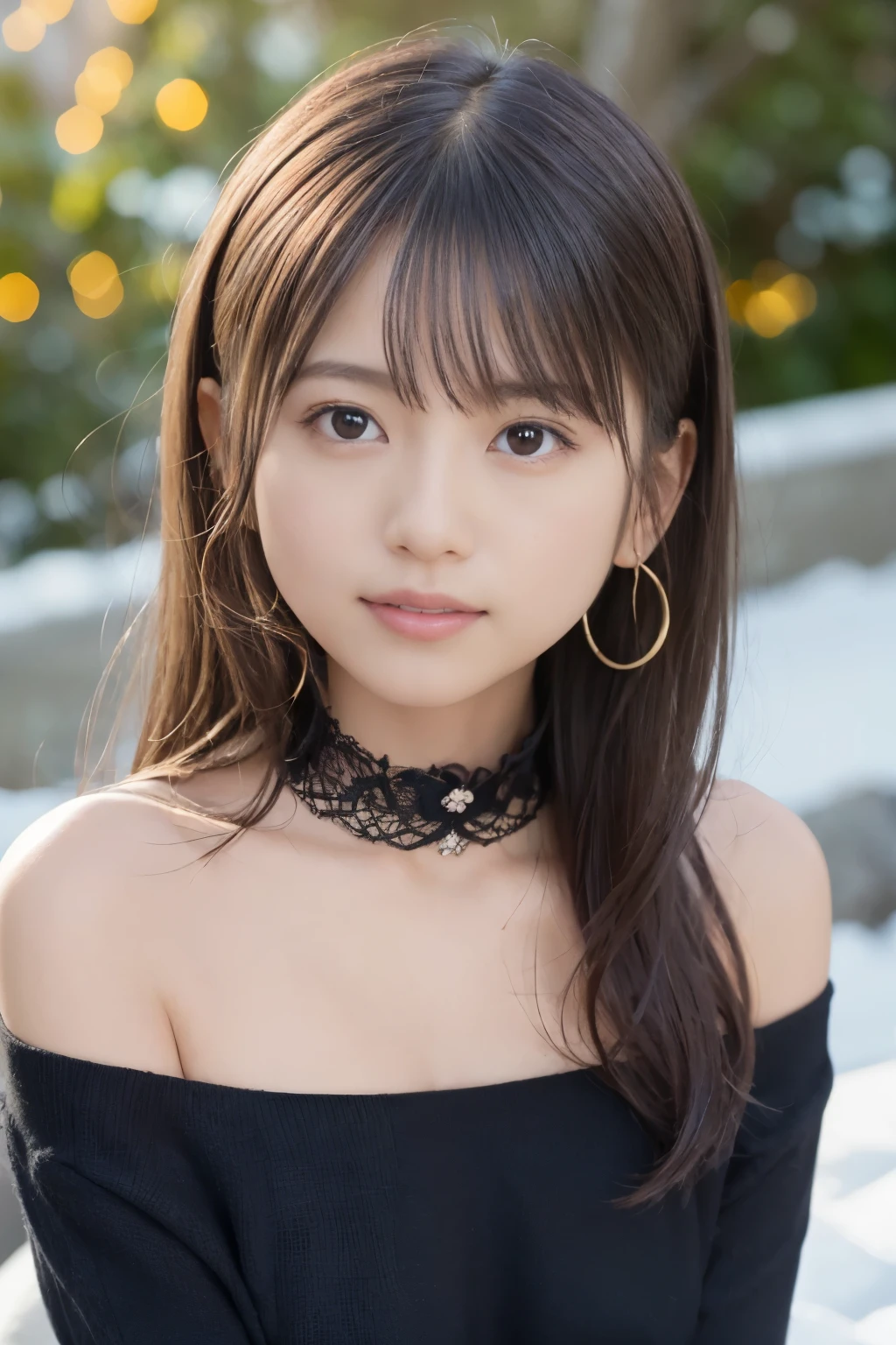 (highest quality、4K、8K、High resolution:1.2)、Super detailed、(genuine:1.37)、(HDR:1.1)、(UHD:1.1)、(studio lighting:1.1)、(Very detailed explanation:1.1)、 (Professional:1.1)、(bright colors:1.1)、(Bokeh:1.1)、17 year old girl、detailed eyes and face、beautiful and fine eyes、beautiful detailed lips、off shoulder、mini dress、short hair、無邪気なsmile、Pose with movement、pale color palette、gentle sunlight、hair blowing in the wind、thighs、return、無邪気なsmile、burst into laughter、cute, ultra-detailed chest, figure, Complex, detailed chest, extremely detailed chest, detailed chest face, soft light, soft light, soft focus , perfect face, beautiful, accurate anatomy, exposed exposed, 8K, 4K, (High resolution: 1.1), highest quality, (muste piece: 1.3), 1 girl, alone, jewelry, brown eyes , looking at the viewer, earrings, gray hair, bangs, choker, closed mouth, portrait photography, Watching, hair ornaments, simple background, gray background, long hair, headrest, new lips, hair braid, black choker, ponytail hairstyle, false eyelashes、smile、smile、snow scene、Snow Flower