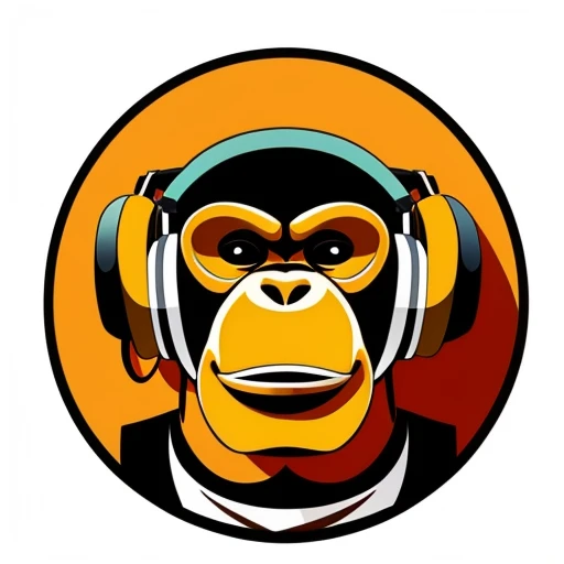a close up of a sceptical monkey face, headphones are floating upside down, inspired by Alex Petruk APe, monkey, bored ape, face like monkey, in style of monkeybone, in style of primal apes, ape, orange head, round sticker design