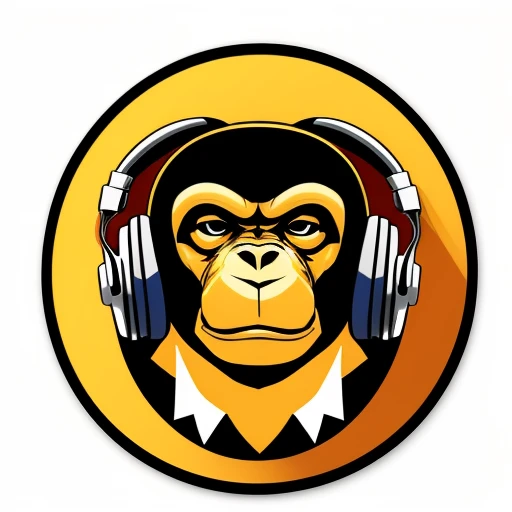 a close up of a sceptical monkey face, headphones are floating upside down, inspired by Alex Petruk APe, monkey, bored ape, face like monkey, in style of monkeybone, in style of primal apes, ape, orange head, round sticker design