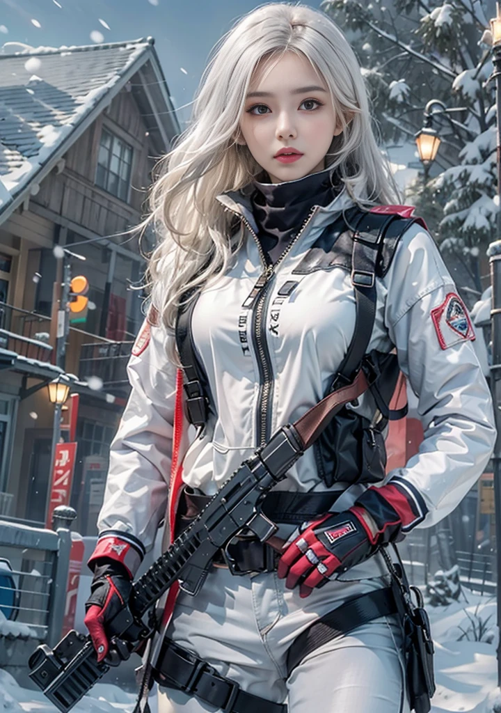 Photorealistic, high resolution, 1womanl, Solo,Snow background, looking to the camera, (Detailed face), White hair, SWAT vests, Gun, jewelry,Fingers are occluded,golden hair,Thick clothes,Beautiful tall woman