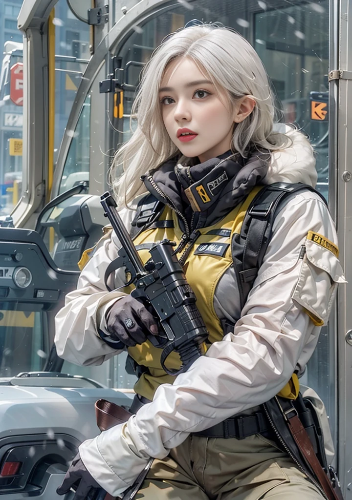 Photorealistic, high resolution, 1womanl, Solo, Arctic snow background,looking to the camera,Hips up, view the viewer, (Detailed face), White hair, SWAT vests, Gun, jewelry