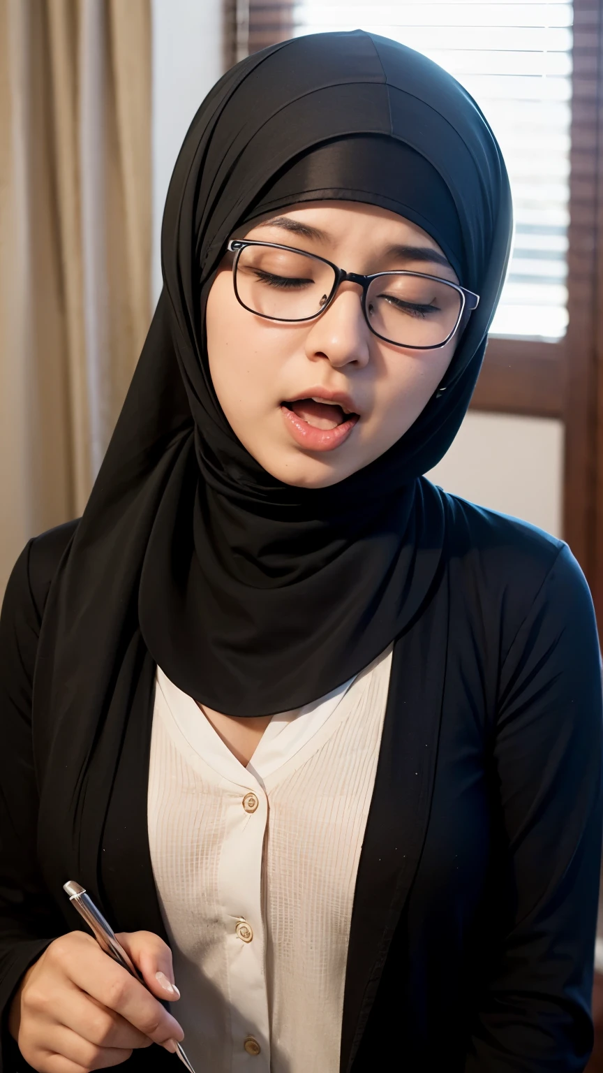 A high school girl wearing hijab, and glasses, having orgasmic, closed eyes, horny face