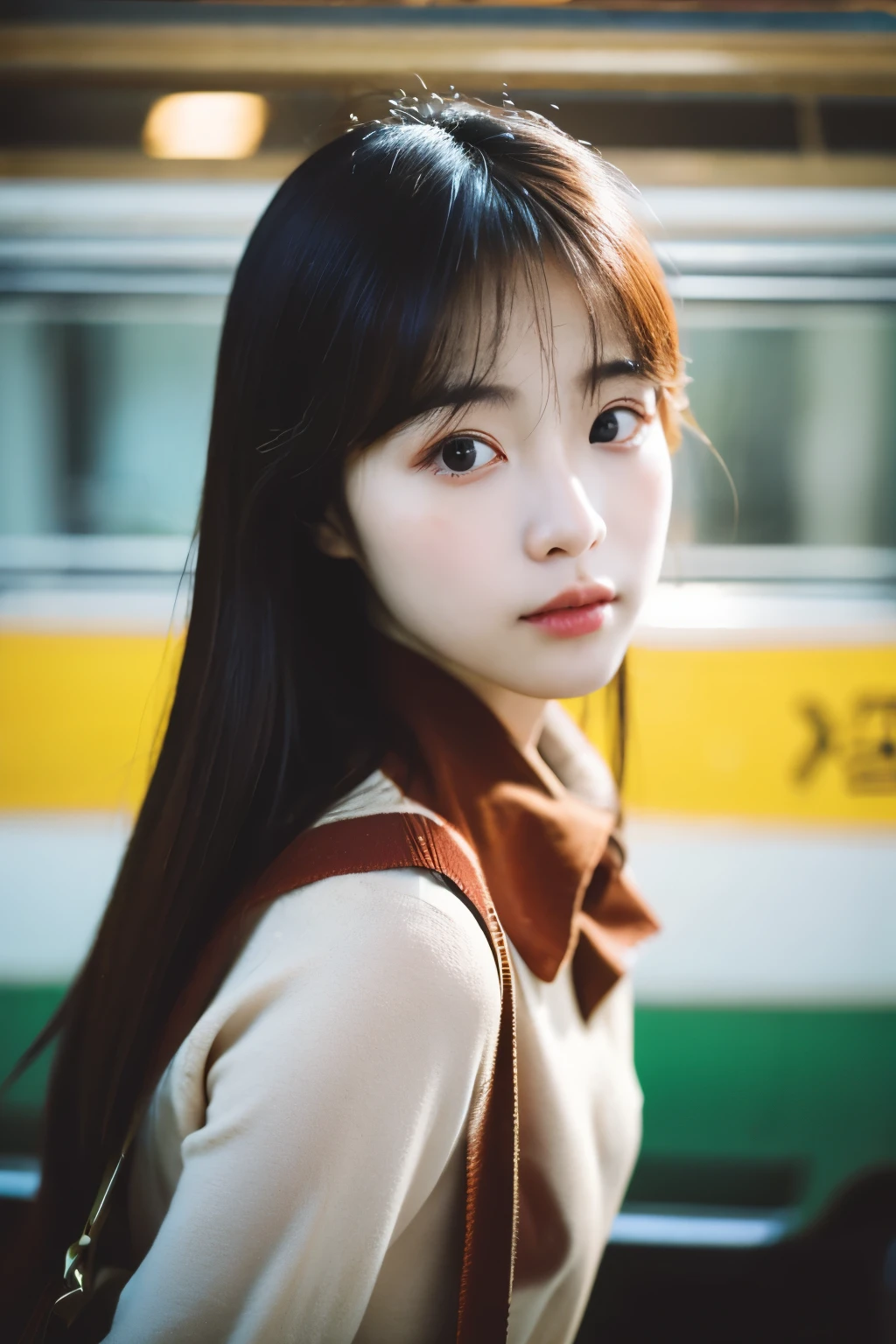 Cinematic Photo of a beautiful korean fashion model bokeh train