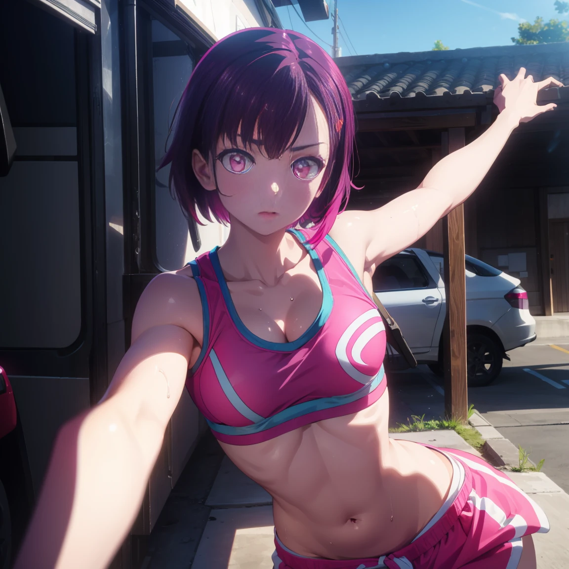 SeaArt 2.1 shizukamikazuki, shizuka mikazuki, short hair, purple hair, hair ornament, hair clip, (pink eyes: 1.5), wide bangs,
BREAK navel, Removed sports bra, sportswear, Removed shorts, pink shorts, very sweaty body,
BREAK (PORNO),(nsfw),(Sex with a Fat Man),
BREAK (R 18) very erotic look,
BREAK outdoors,
BREAK (masterpiece: 1.2), best quality, high resolution, Unity 8K wallpaper, (artwork: 0.8), (beautiful detailed eyes: 1.6), highly detailed face, perfect lighting, highly detailed CG, (perfect hands, perfect anatomy), Perfect details, perfect contrast,