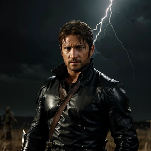 Gerard butler tiene el cabello muy largo color negro, holds a sword in his right hand and lightning in his left hand, lluvia, preparado para la batalla, serio y dominante, cuerpo completo