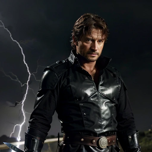 Gerard butler tiene el cabello muy largo color ?????, holds a sword in his right hand and lightning in his left hand, lluvia, preparado para la batalla, serio y dominante, cuerpo completo