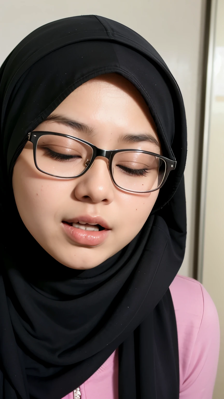 A high school malay girl wearing hijab, and glasses, having orgasmic, closed eyes, horny face
