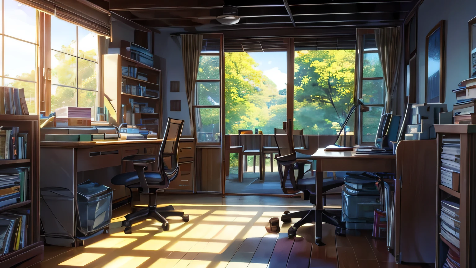 Imagine um recanto de estudo ensolarado e com uma brisa suave entrando por uma janela aberta. The distant sounds of birds chirping and leaves rustling contribute to a peaceful environment, perfeito para estudo concentrado.