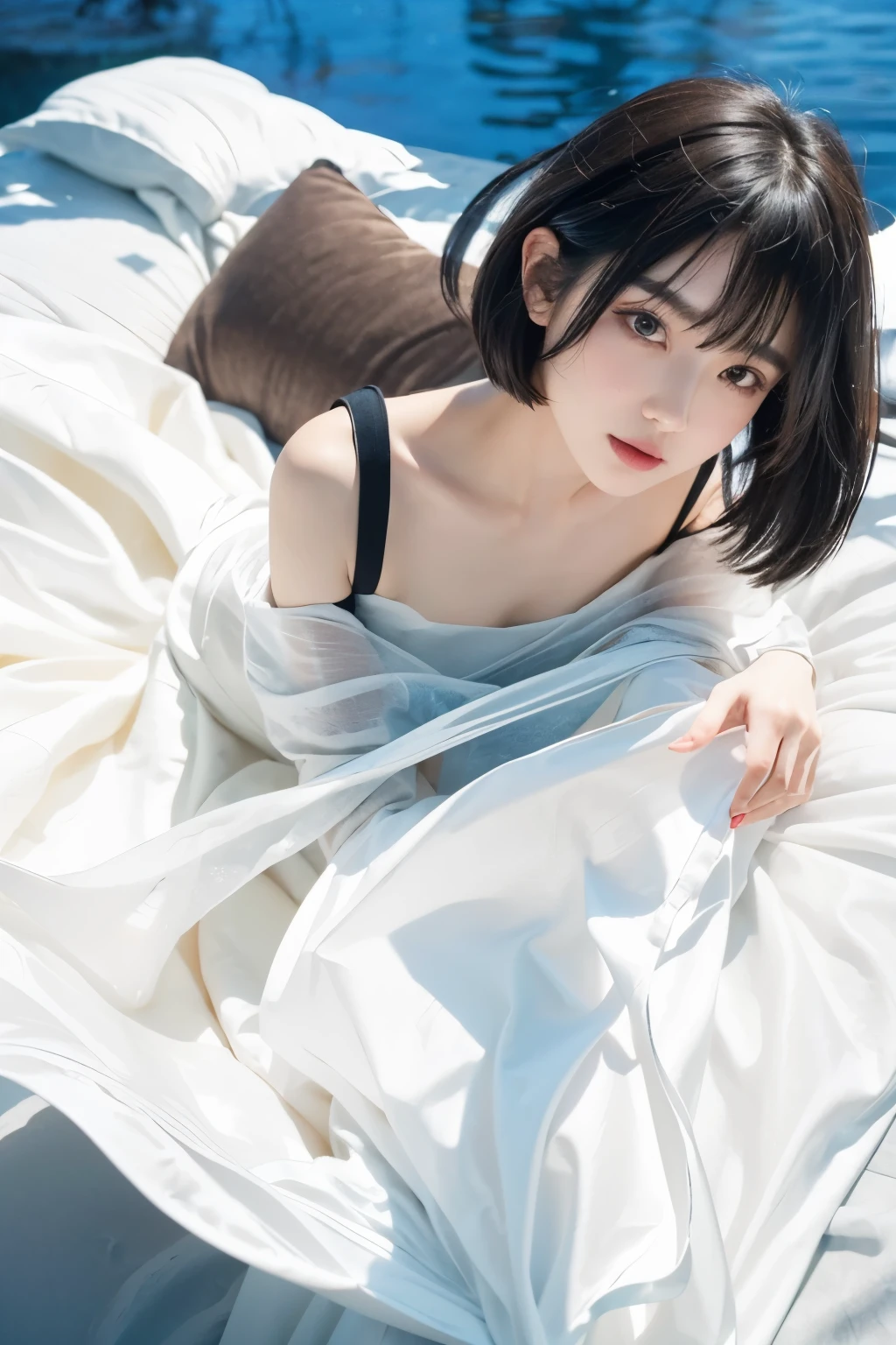 (masterpiece, real: 1.4), (very complex: 1.2), (upper body: 1.2), (from the front: 1.3), silk underwear (light blue, high-class and fashionable, skin-fitted) with shoulder straps hanging on one arm, long hair, chest, hotel, looking at the viewer, the expression is a little embarrassed Japan about 17 years old, fashionable makeup, tilting of the head, Sitting in the middle of the hotel elegant snow white sheet bed, one girl, solo, ultra high definition, 8K UHD, film grain, perfect human, exquisitely detailed skin, delicate, high resolution