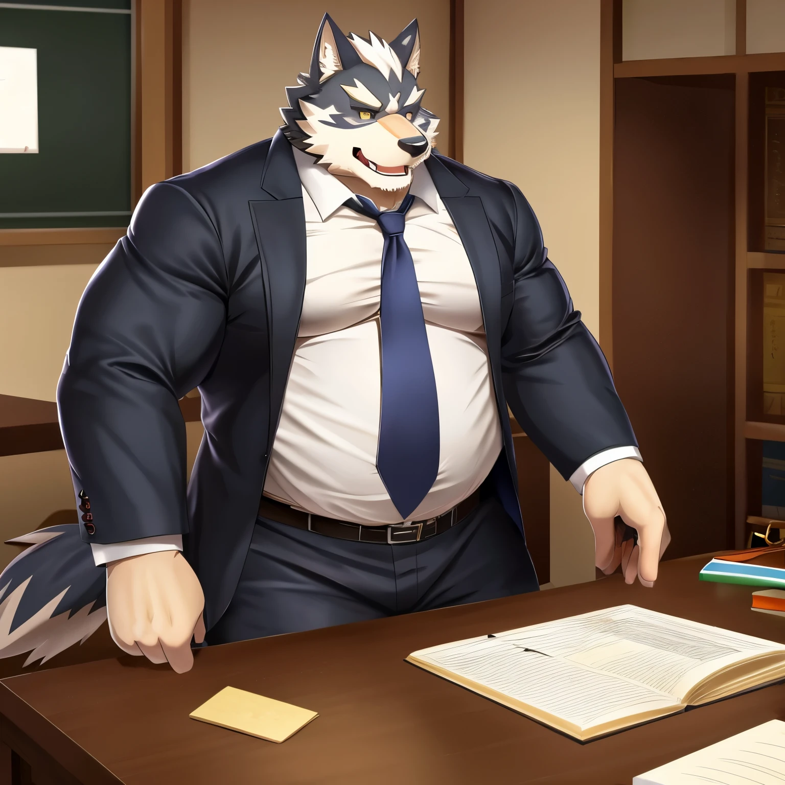 Wolf, Tokyo Afterschool Summoners, Muscle, musclegut, muscle intestinal,Male mature, Teacher , Kemono,tie, collared shirt, Black Suit,RPG game, Character Housamo.