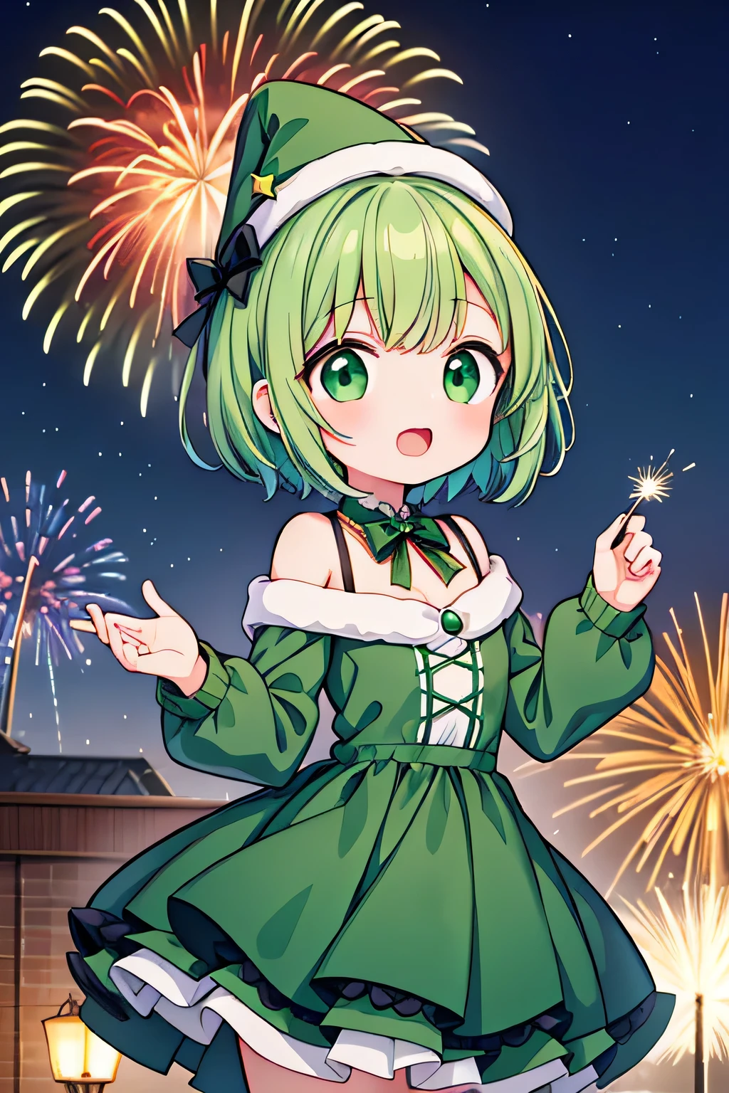 Chica con pelo corto verde, , ropa de bruja verde, sombrero puntiagudo, haciendo magia, celebrando la navidad, animado, moe, Dibujos animados, feliz, fuegos artificiales de fondo